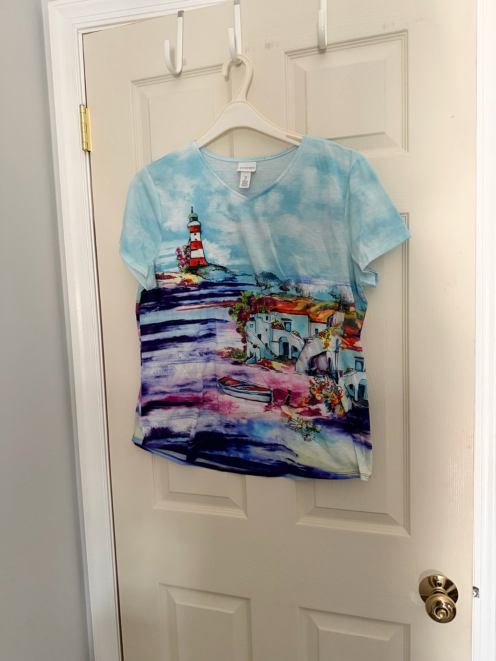 Chico's Scenic Lighthouse Print Short Sleeve Top in Blue, Purple, White